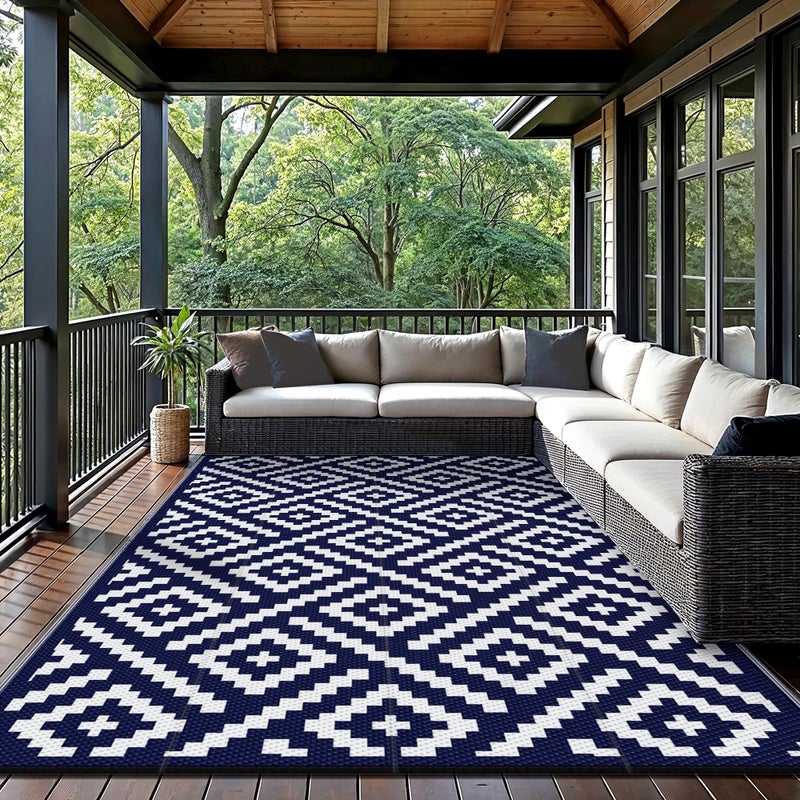 GENIMO 5x8 Outdoor Rug Waterproof, Reversible Mats, Area Rug, Plastic Outside Carpet, Geometric Rv Mat for Patio Camping Picnic Backyard Deck Balcony Porch Beach Trailer (Navy Blue & White) - Image 2