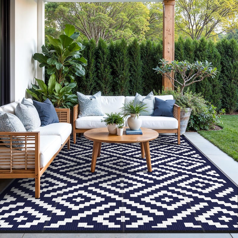 GENIMO 5x8 Outdoor Rug Waterproof, Reversible Mats, Area Rug, Plastic Outside Carpet, Geometric Rv Mat for Patio Camping Picnic Backyard Deck Balcony Porch Beach Trailer (Navy Blue & White) - Image 4