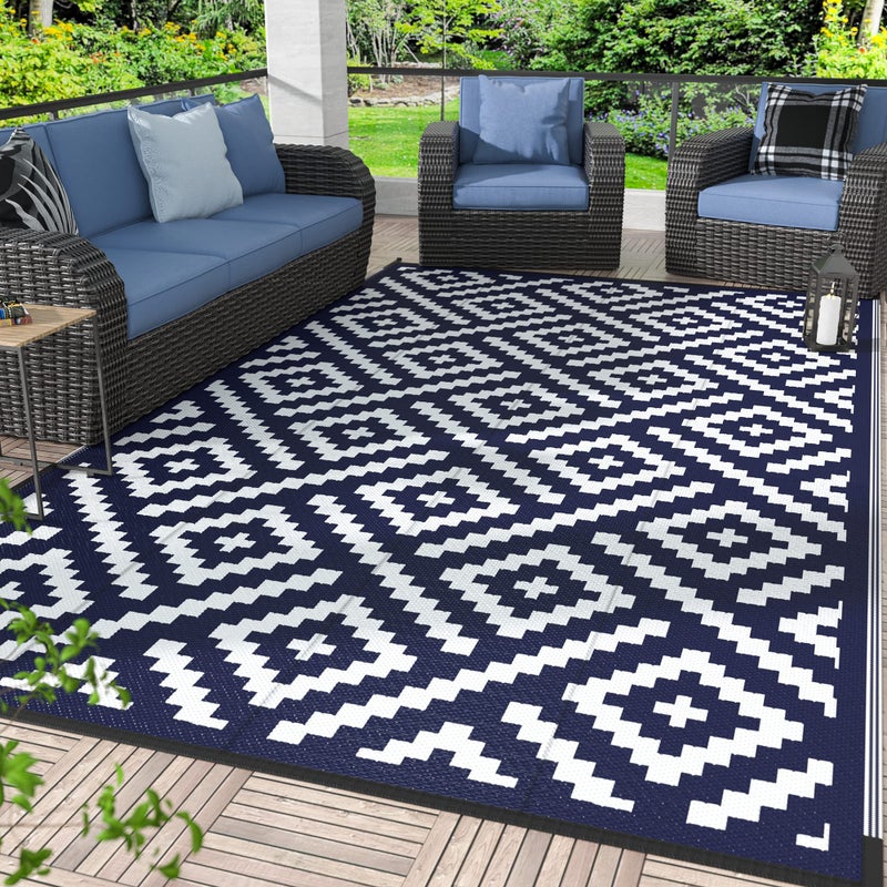 GENIMO 5x8 Outdoor Rug Waterproof, Reversible Mats, Area Rug, Plastic Outside Carpet, Geometric Rv Mat for Patio Camping Picnic Backyard Deck Balcony Porch Beach Trailer (Navy Blue & White) - Image 1