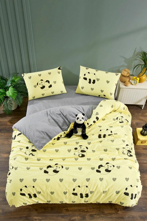 Yellow Panda Single Patterned Duvet Cover Set with Elastic Sheets and 1 Pillowcase