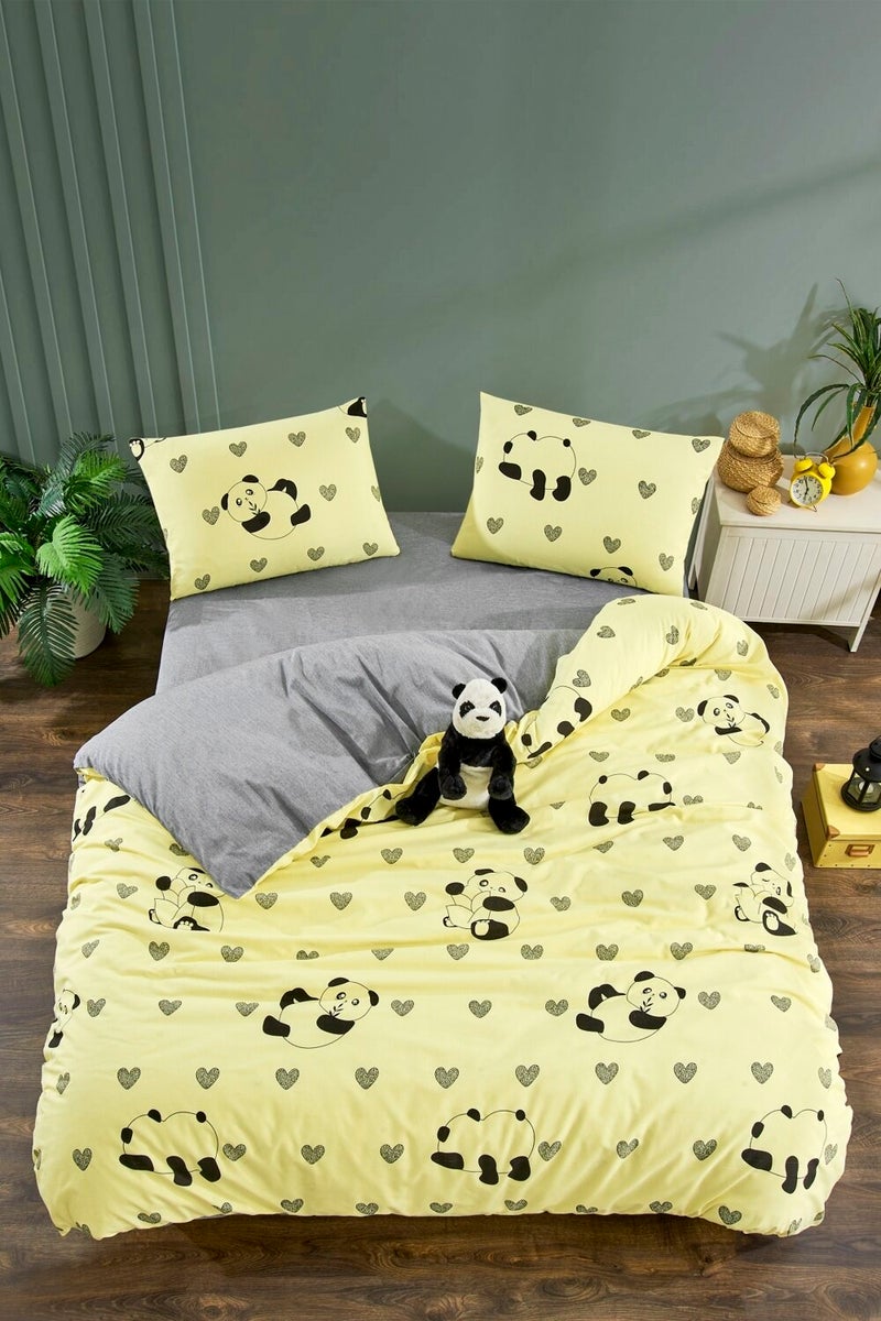Valezium Yellow Panda Single Patterned Duvet Cover Set with Elastic Sheets and 1 Pillowcase  - Image 1