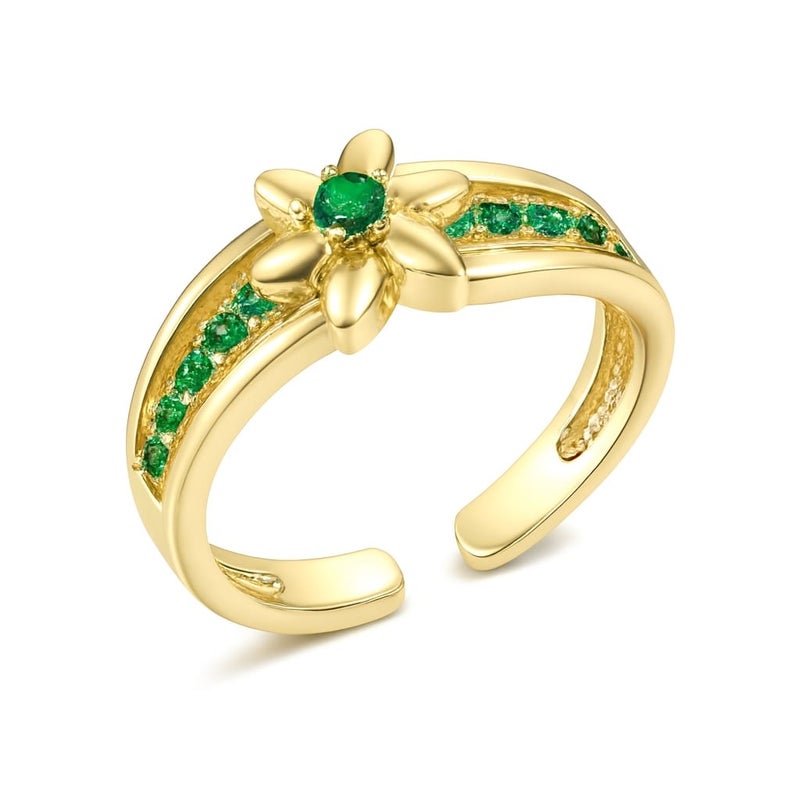 خاتم ذهبي فاخر بتصميم نجمة ساحرة مرصعة بفصوص براقة باللون الأخضر ، مفتوح لضمان الملاءمة والراحة المثالية لجميع المقاسات. - Image 1