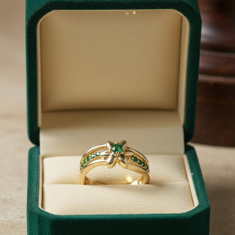 خاتم ذهبي فاخر بتصميم نجمة ساحرة مرصعة بفصوص براقة باللون الأخضر ، مفتوح لضمان الملاءمة والراحة المثالية لجميع المقاسات. - Image 3