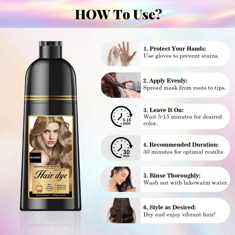 Joyful Young Hair Dye Shampoo 3-in-1, Medium Blonde Semi-Permanent Gray Hair Coverage, Color Depositing Shampoo for Women & Men, Vegan, Ammonia-Free - Image 4