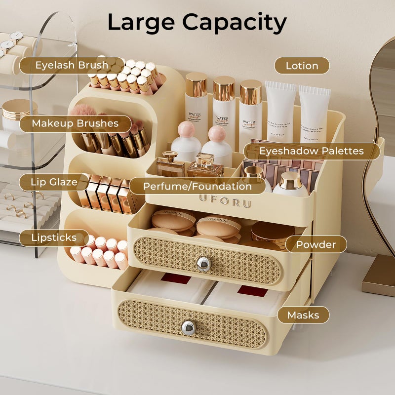 UFORU Makeup Organizer for Vanity with Brush Holder, Countertop Skincare Organizer with 2 Drawers, Spacious Cosmetic Display Case for Perfumes, Eyeshadow Palettes, Nail Polishes - Image 5