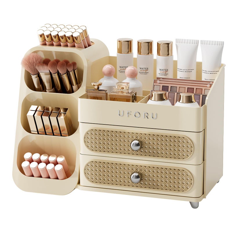 UFORU Makeup Organizer for Vanity with Brush Holder, Countertop Skincare Organizer with 2 Drawers, Spacious Cosmetic Display Case for Perfumes, Eyeshadow Palettes, Nail Polishes - Image 1