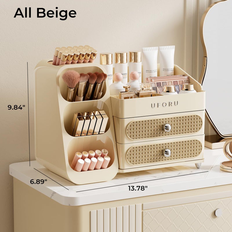 UFORU Makeup Organizer for Vanity with Brush Holder, Countertop Skincare Organizer with 2 Drawers, Spacious Cosmetic Display Case for Perfumes, Eyeshadow Palettes, Nail Polishes - Image 2
