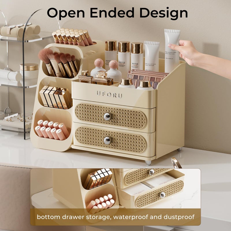 UFORU Makeup Organizer for Vanity with Brush Holder, Countertop Skincare Organizer with 2 Drawers, Spacious Cosmetic Display Case for Perfumes, Eyeshadow Palettes, Nail Polishes - Image 4