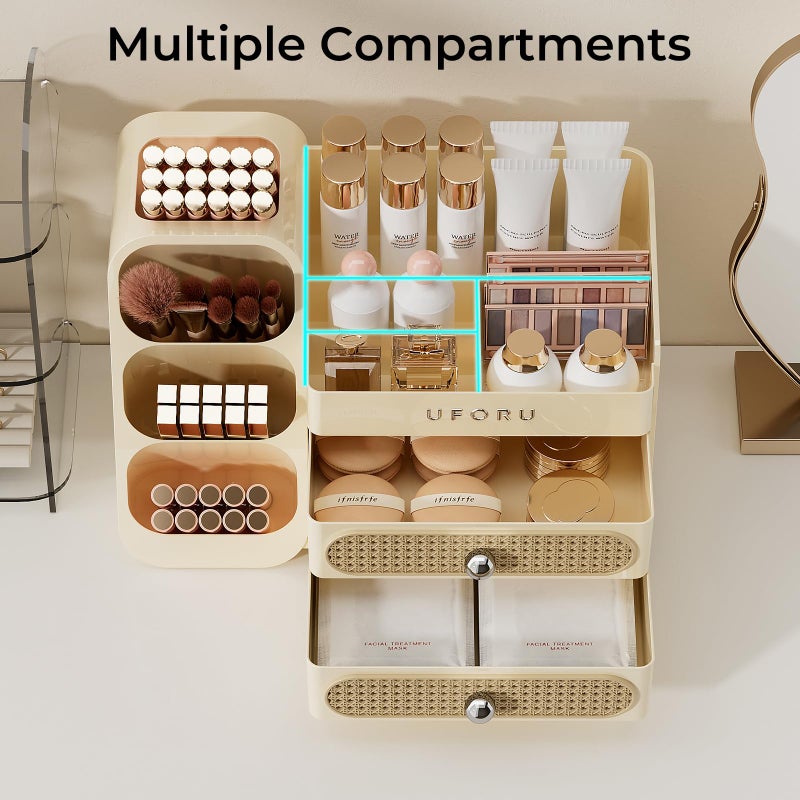 UFORU Makeup Organizer for Vanity with Brush Holder, Countertop Skincare Organizer with 2 Drawers, Spacious Cosmetic Display Case for Perfumes, Eyeshadow Palettes, Nail Polishes - Image 3