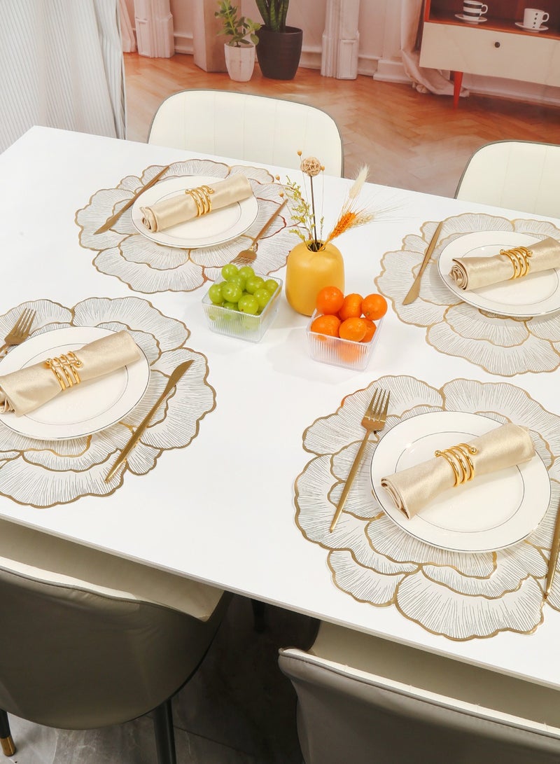 New Peony Flower Shape PVC Placemat - Heat Resistant, Waterproof, Oilproof, Washable Table Mat, Suitable for Home and Restaurant, Hotel Decoration, Fashion Style (Gold 4-Pack)  - Image 2