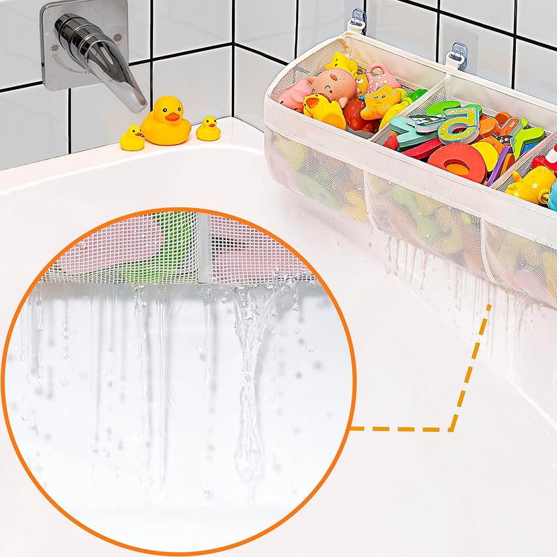 PINKE Bath Toy Organizer, 3 Compartment Bathtub Toy Storage Bag, Quick Access Bath Toy Holder Baby Shower Games bath Tub Quick Dry Baby Bath Toy Storage Accessory White - Image 2