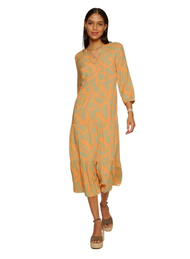 ZABAIONE Flowy Abstract-Patterned Midi Dress in Orange and Mint