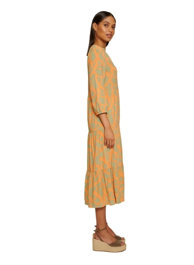 ZABAIONE Flowy Abstract-Patterned Midi Dress in Orange and Mint