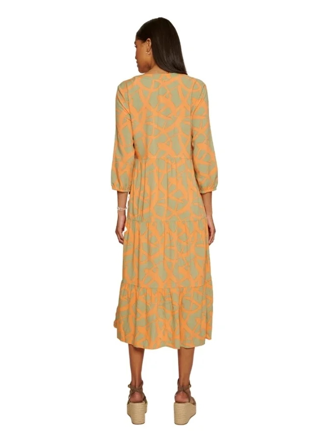 ZABAIONE Flowy Abstract-Patterned Midi Dress in Orange and Mint