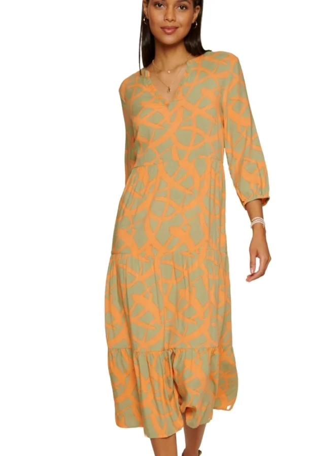 ZABAIONE Flowy Abstract-Patterned Midi Dress in Orange and Mint