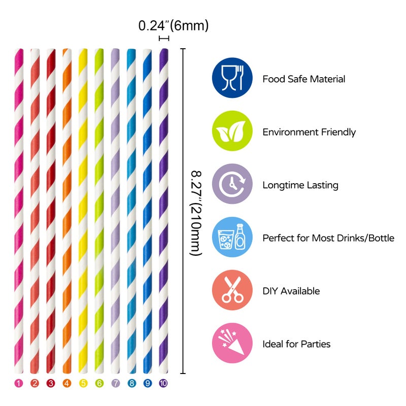 PakTalk [100 Pack] Paper Straws  10 Assorted Bright Rainbow Striped Drinking Straws for Juice Cocktails Smoothies Cake Pop Sticks Birthday Wedding Christmas Party Decoration(0.24"" x 8.27""  10 Colors) - Image 1