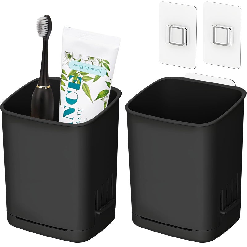 First-zgel 2 Packs Wall Mounted Toothbrush Holders, Self Adhesive Bathroom Toothbrush Wall Holder for Electric Toothbrush, Toothpaste, Razor,Shower Accessories (Black) - Image 1