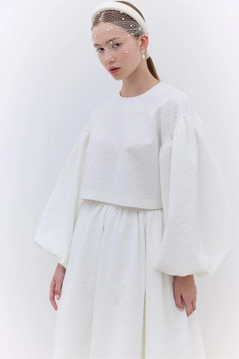 Manuka Pearl Detail Jacquard Skirt Ecru