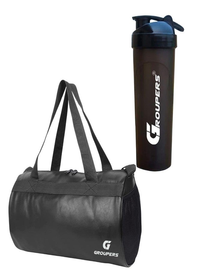 Groupers Black Gym Duffel Bag 20-25L (43×25×23 cm) - Sports Travel & Overnight Bag for Men & Women + 700ml Shaker, Workout Combo & Gym Essentials - Image 1