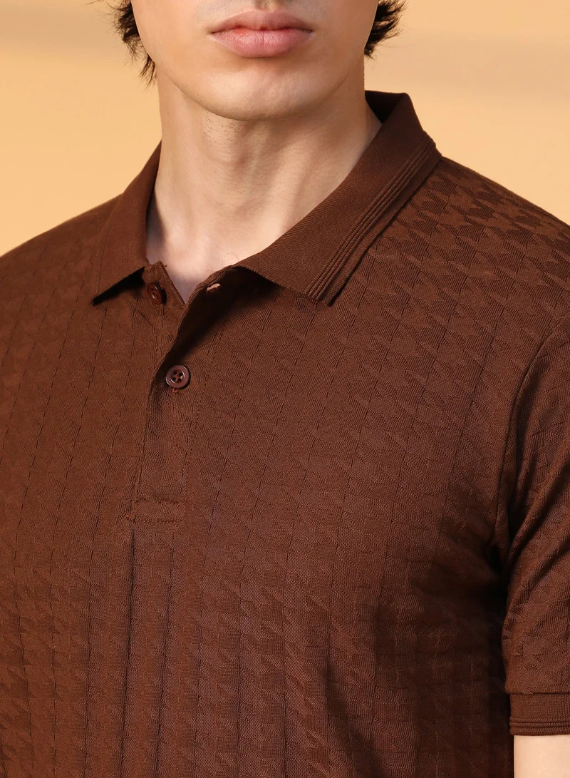 CAHOOT  Men's Coffee Brown Houndstooth-Textured Polo T-Shirt For Casual Wear | Polo Neck | Short Sleeve | Half-Button Closure | T-Shirt Crafted With Comfort Fit For Everyday Wear for Men | Best Price UAE