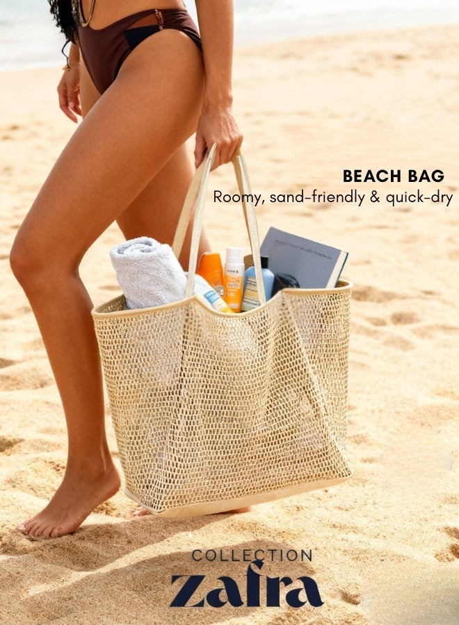 زَافِرَة شنطة شاطئ كبيرة من ميش للنساء – سريعة الجفاف، خفيفة، بسحاب، واسية لعطلة رملية - Image 1