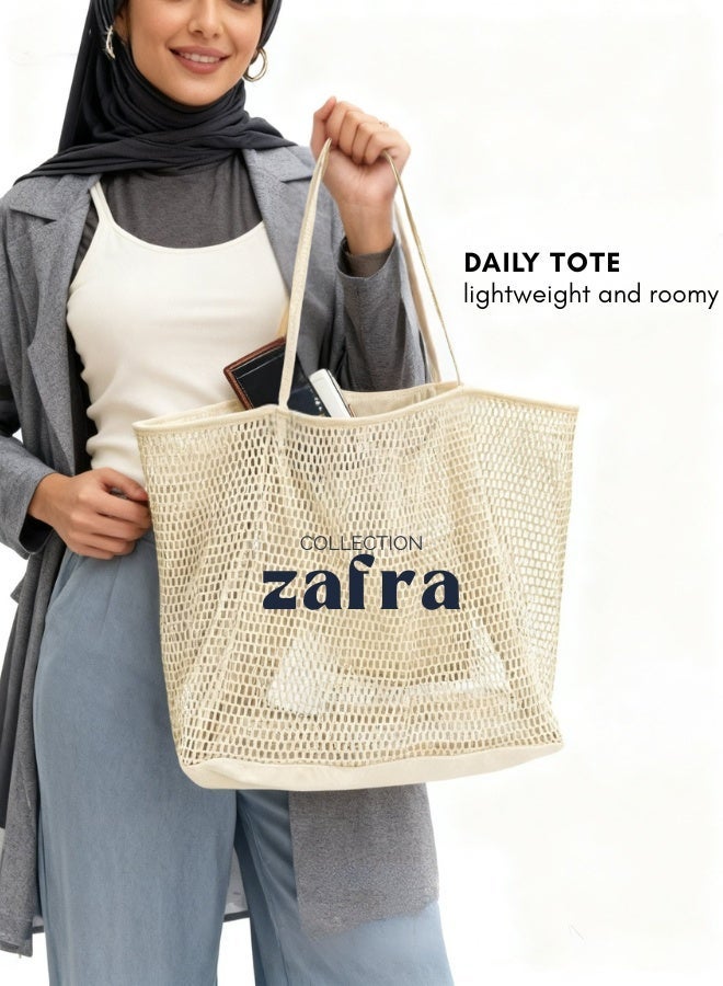 زَافِرَة شنطة شاطئ كبيرة من ميش للنساء – سريعة الجفاف، خفيفة، بسحاب، واسية لعطلة رملية - Image 2