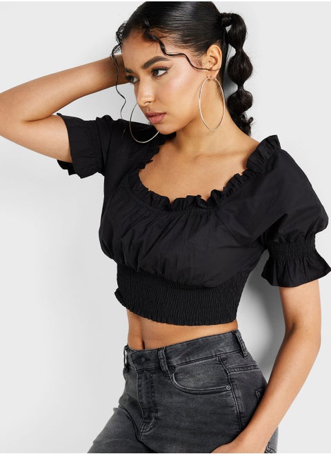 Puff Sleeves Ruffle Detail Top