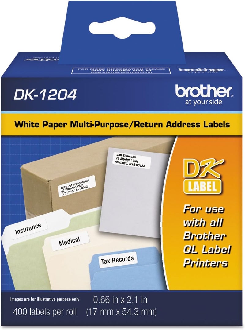 Brother DK-1204 White Paper Multi-Purpose Return Address Labels - 400 Labels per Roll - Image 1