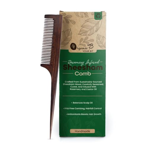 Organic B Professional Indian Rosewood Tail Comb Rat Pin Hair Comb, Rosemary Infused Sheesham Detangling comb Anti Frizz Scalp Massage for Men Women Kids, Styling Grooming Cutting Sectioning Barber Salon Home Use - Image 1