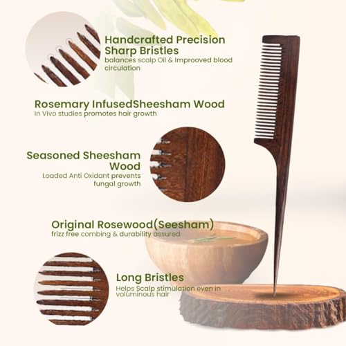 Organic B Professional Indian Rosewood Tail Comb Rat Pin Hair Comb, Rosemary Infused Sheesham Detangling comb Anti Frizz Scalp Massage for Men Women Kids, Styling Grooming Cutting Sectioning Barber Salon Home Use - Image 3