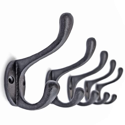 Ambipolar 5 Pack Decorative Cast Iron Heavy Duty Double Hooks, Wall Mounted Coat Hooks, Vintage Inspired (Antique Black) (Cornish Hook) - Image 4