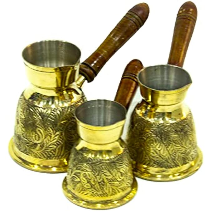 rayihni Coffee Warmer Brass Pot 3 Pieces Set Arabic Coffee Maker Brass Coffee Warmer Tea Warmer Milk Warmer Coffee Kettle Size12 105  92Cm Capacity 360Ml 270Ml  165MlAssorted Design - Image 3