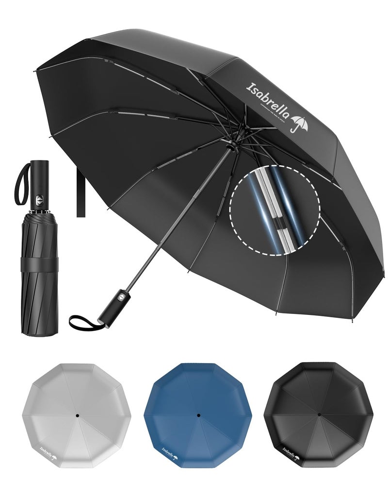 ISABRELLA Umbrella for Women – 10-Rib Folding Umbrella with UV Protection, Black Coating, Wind & Rain Resistant, Safe Close Design, Durable, Lightweight, and Compact for Travel (BLACK) - Image 1