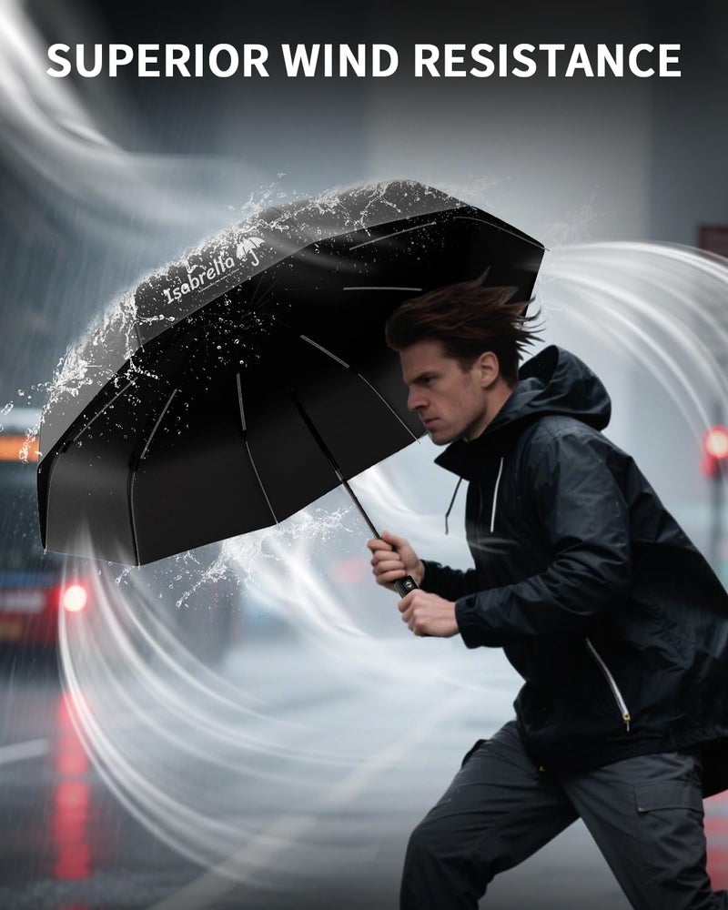 ISABRELLA Umbrella for Women – 10-Rib Folding Umbrella with UV Protection, Black Coating, Wind & Rain Resistant, Safe Close Design, Durable, Lightweight, and Compact for Travel (BLACK) - Image 5