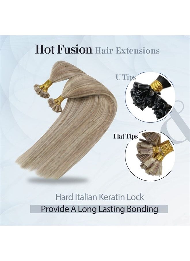 Sunny Hair Sunny Flat Tip Hair Extensions Ash Blonde Highlighted Bleach Blonde Flat Tips Human Hair Extensions Pre Bonded Keratin Hair Extensions Real Hair Blonde Fusion Hair Extensions for Women 50s 50g 14inch 
