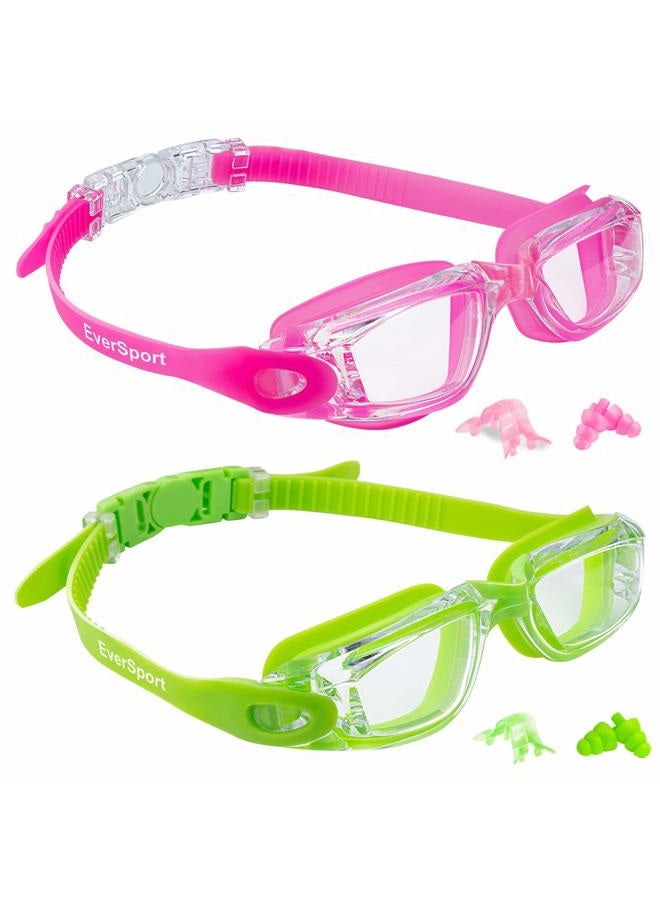 EverSport Kids Swim Goggles, 2 Pack Crystal Clear Swimming Goggles for Children and Teenagers, Anti-fog Anti-UV Youth Swimming Gl, Leak proof, Free ear plugs, one button open straps, for 4-16 Y/O - Image 1