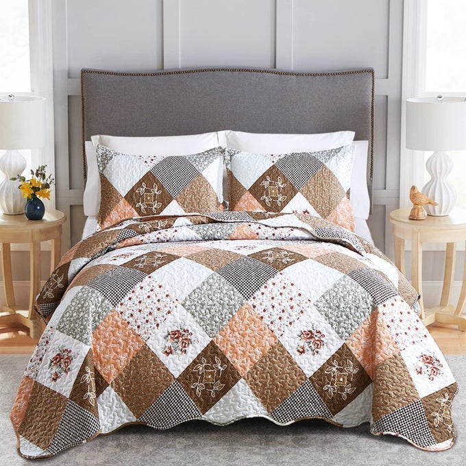 FLORAL PLAID PATCHWORK QUILT SET TWIN SIZE REVERSIBLE BROWN BEDDING SET SOFT MICROFIBER LIGHTWEIGHT BEDSPREAD COVERLET 3 PIECE FALL AUTUMN SUMMER USE 68X86 INCHES