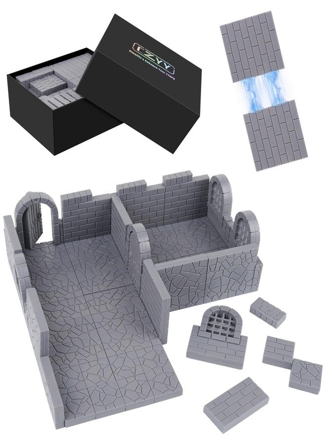 CZYY Magnetic Dungeon Tiles Set - 58 PCS Modular & Paintable Terrain Kit with Double-Sided Textured Floors, Doors & Windows - Build 3D Battle Maps for DND, Wargames & Tabletop RPGs (Basic Set) - Image 1