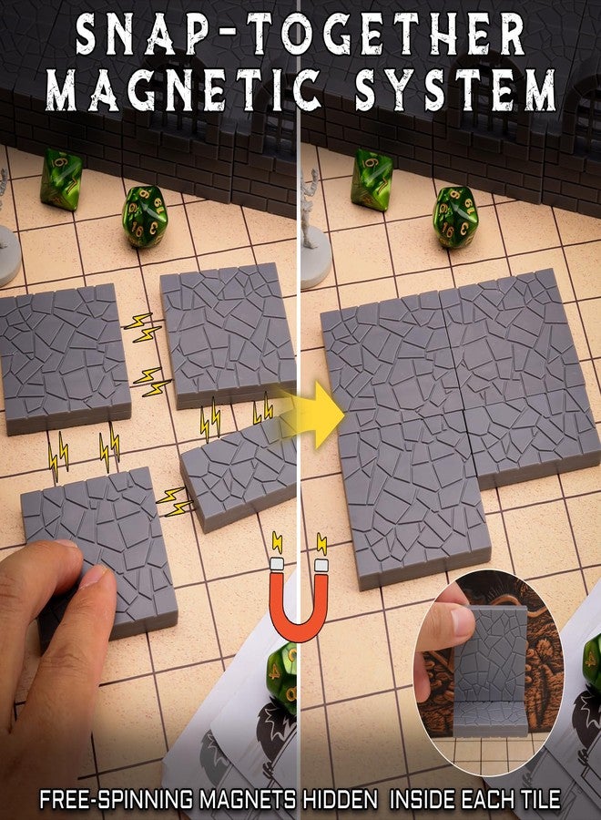 CZYY Magnetic Dungeon Tiles Set - 58 PCS Modular & Paintable Terrain Kit with Double-Sided Textured Floors, Doors & Windows - Build 3D Battle Maps for DND, Wargames & Tabletop RPGs (Basic Set) - Image 2