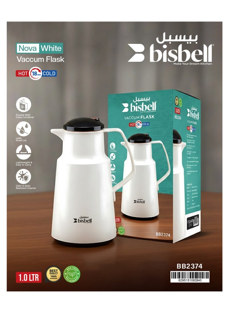 Bisbell Nova Pearl White Vacuum Flask 1.0L Double Wall Glass Liner Thermal Coffee & Tea Pot, 18-Hour Hot & Cold Insulation, Leak-Proof Lid, BPA-Free - Image 5