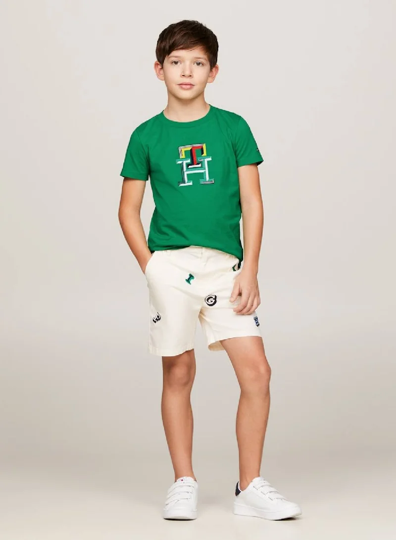 TOMMY HILFIGER Boys' Th Monogram Multicolour Embroidery T-Shirt -  Pure cotton, Green