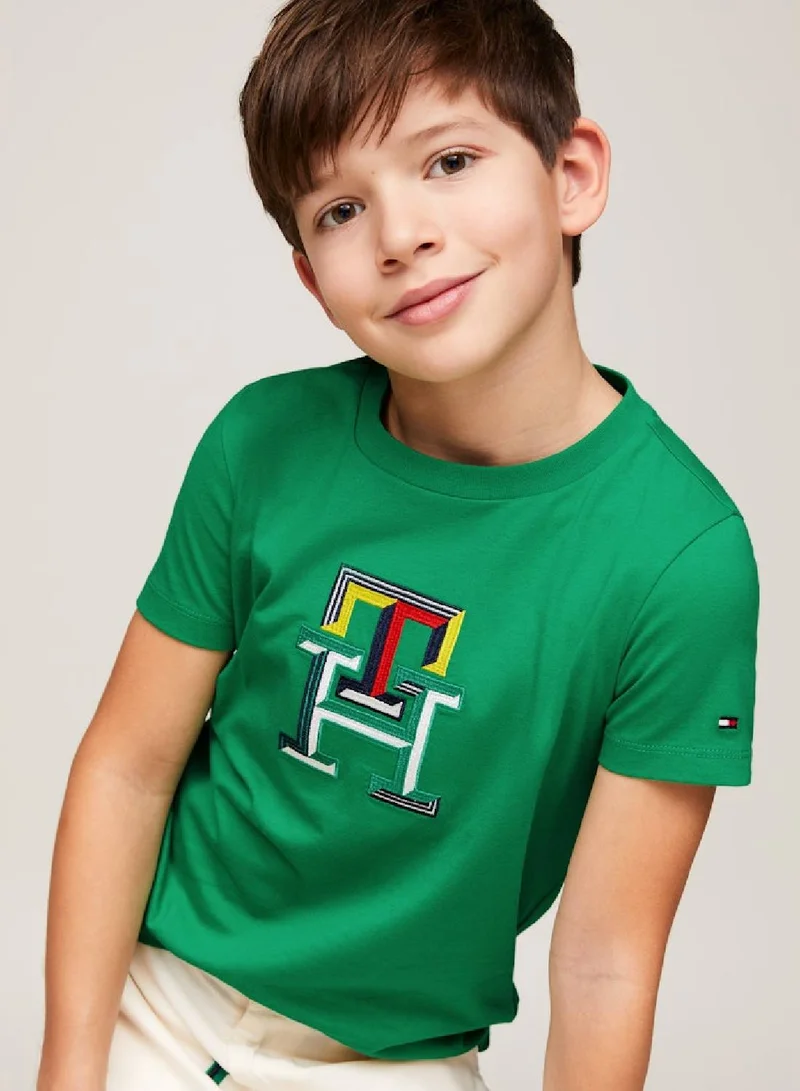 TOMMY HILFIGER Boys' Th Monogram Multicolour Embroidery T-Shirt -  Pure cotton, Green
