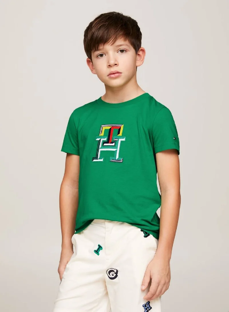 TOMMY HILFIGER Boys' Th Monogram Multicolour Embroidery T-Shirt -  Pure cotton, Green