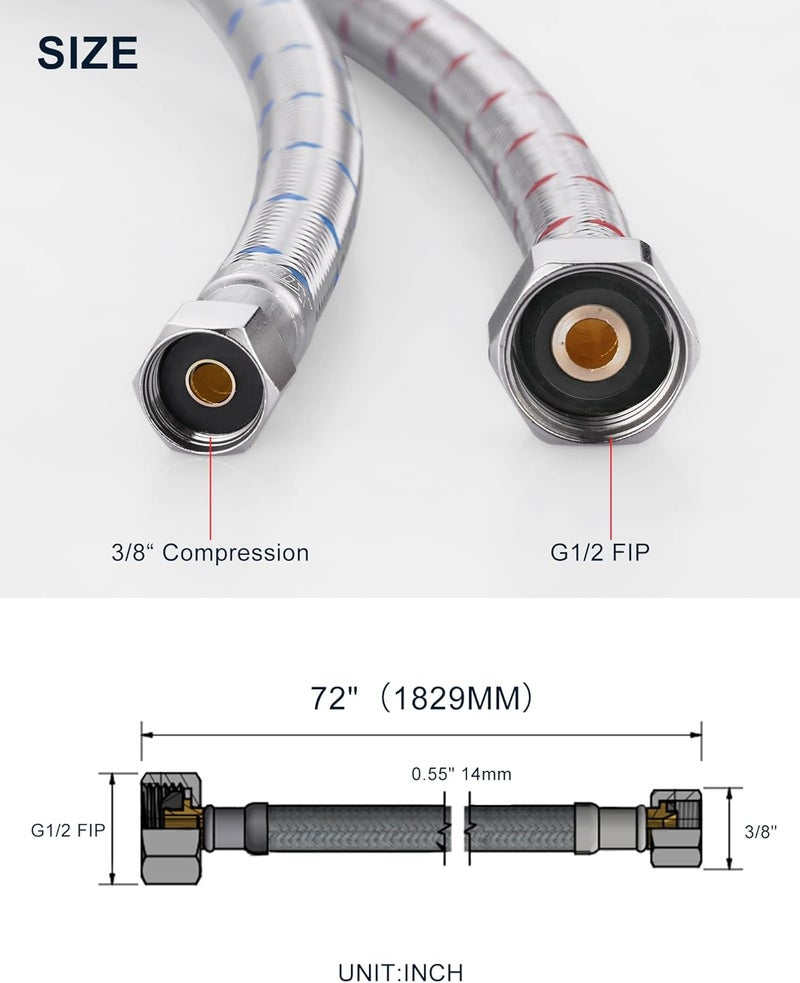 ALEASHA 72'' Length Faucet Supply Line, Stainless Steel Braided cUPC Sink Hose with G1/2" FIP x 3/8" Compression Supply Hose for Sink Faucet Bathroom Kitchen Faucet Connector Water Supply Line 2 PCS - Image 5
