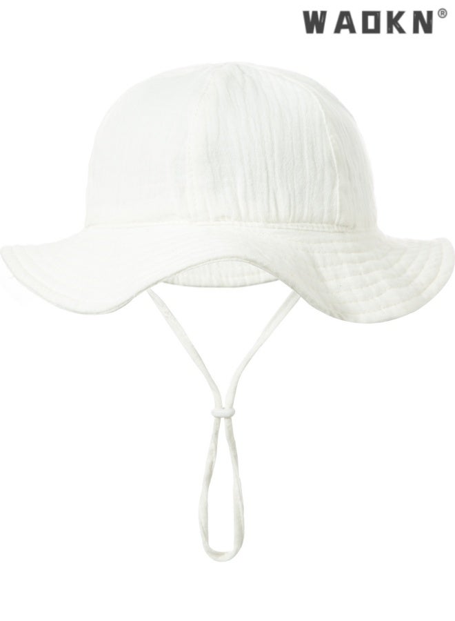 WAOKN Baby Sun Hat Toddler Girl Wide Brim Beach Cap Outdoor Summer Breathable Kids Hat,Baby pure cotton basin cap,Soft and comfortable,Suitable for babies aged 3-12 months, portable and easy to carry, white. - Image 1
