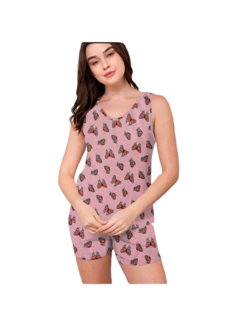 طقم بيجامة مانيكان بدون أكمام بطبعة فراشات، ملابس نوم صيفية وردية، شورت نوم كاجوال وقميص داخلي