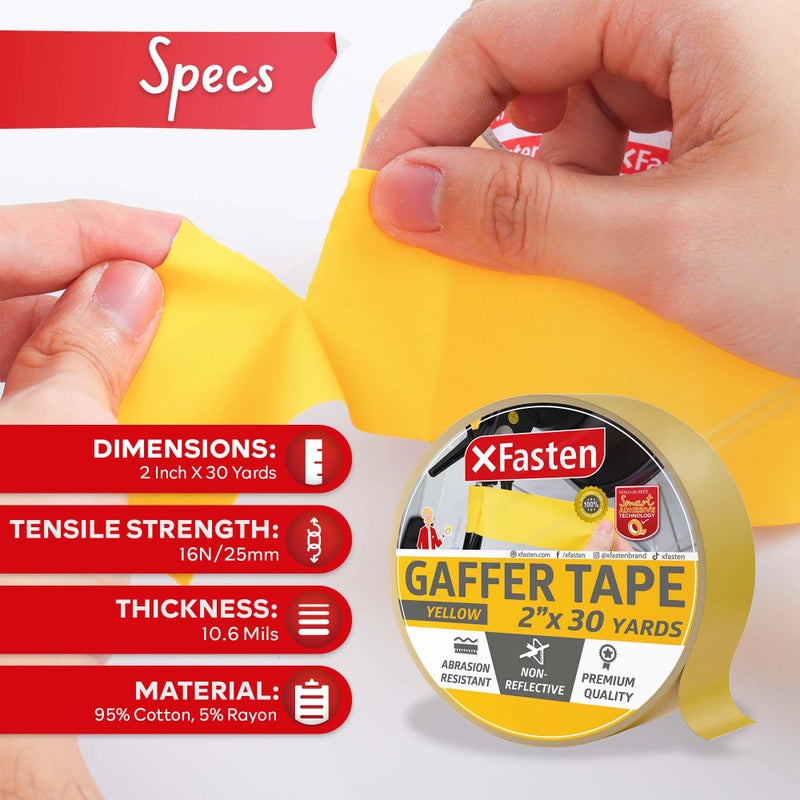XFasten Yellow Gaffers Tape 2 Inch x 30 Yards, Cable Management Gaffer Tape, Ideal for Indoor, Outdoor Applications, Non-Reflective Matte Gaffing for Photography, Music, Film, Events - Image 2