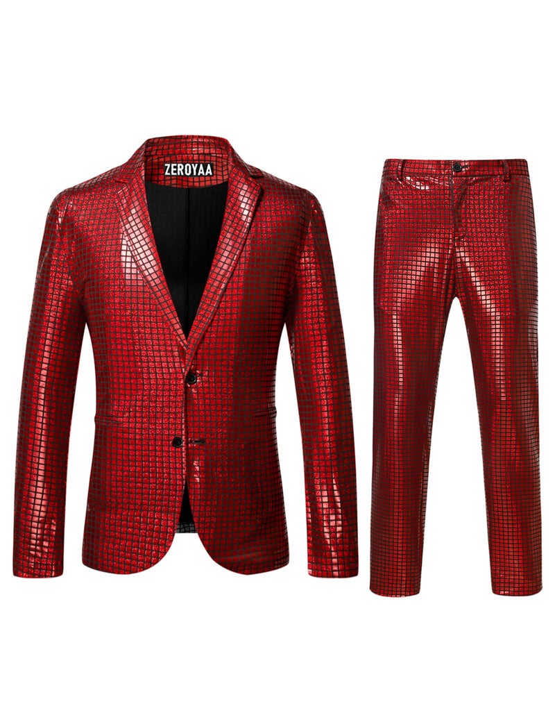 ZEROYAA Men's 70s Disco Suits Metallic Shiny Sequin Outfits Blazer and Pants Set Dance Party Costume Red Large - Image 1