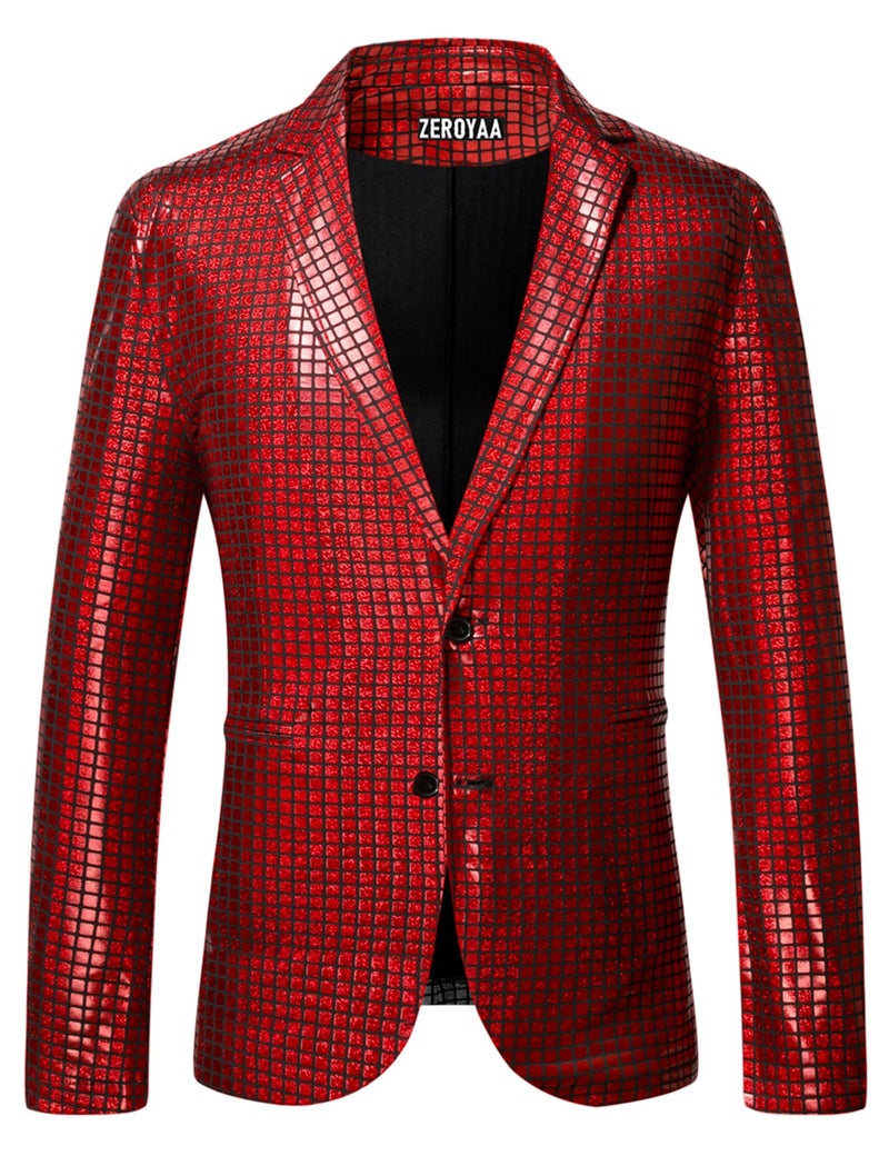 ZEROYAA Men's 70s Disco Suits Metallic Shiny Sequin Outfits Blazer and Pants Set Dance Party Costume Red Large - Image 2