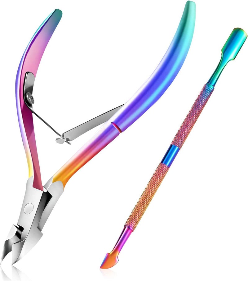 Easkep Cuticle Trimmer with Cuticle Pusher, Cuticle Remover Professional Stainless Steel Cuticle Cutter Nippers Rainbow Sharp Sturdy Pedicure Manicure Tools for Fingernails and Toenails 1 - Image 1